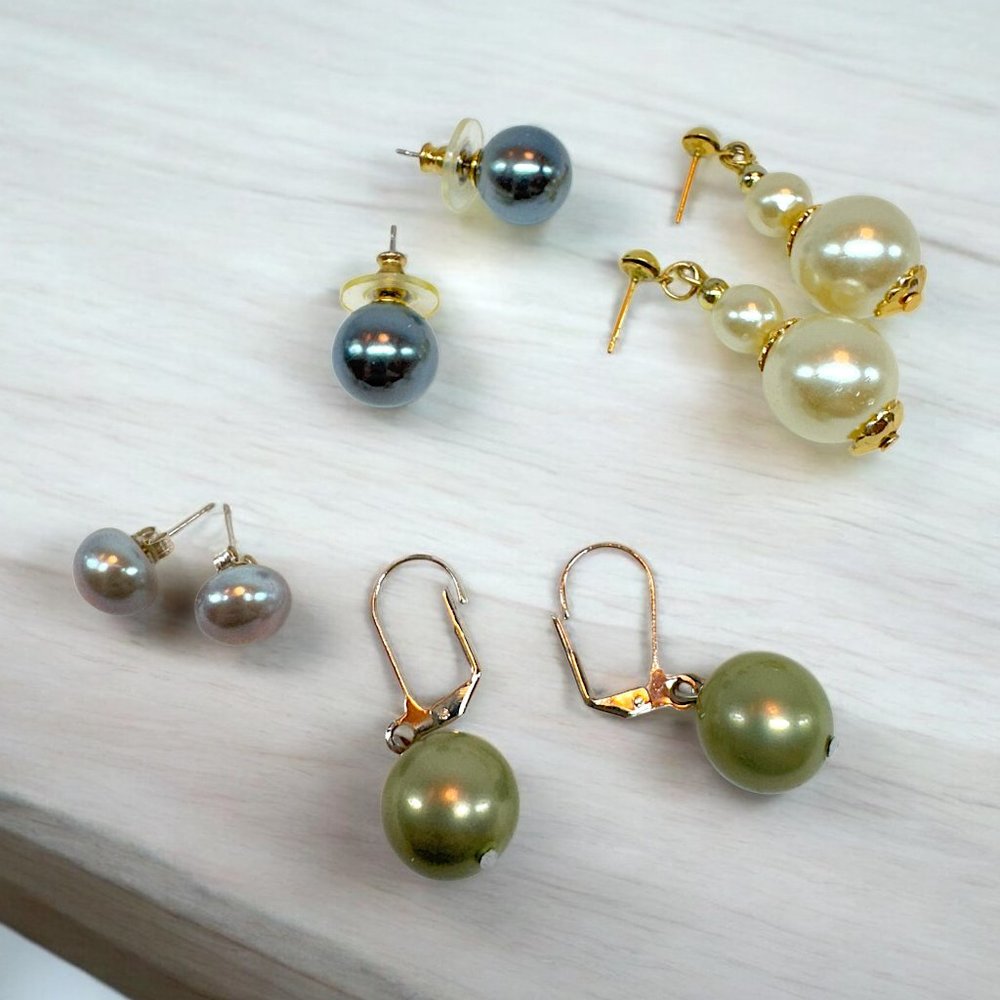 Vintage Bundle Lot of 4 Faux Pearls Pierced Earrings Ivory, Green & Greys *read*
